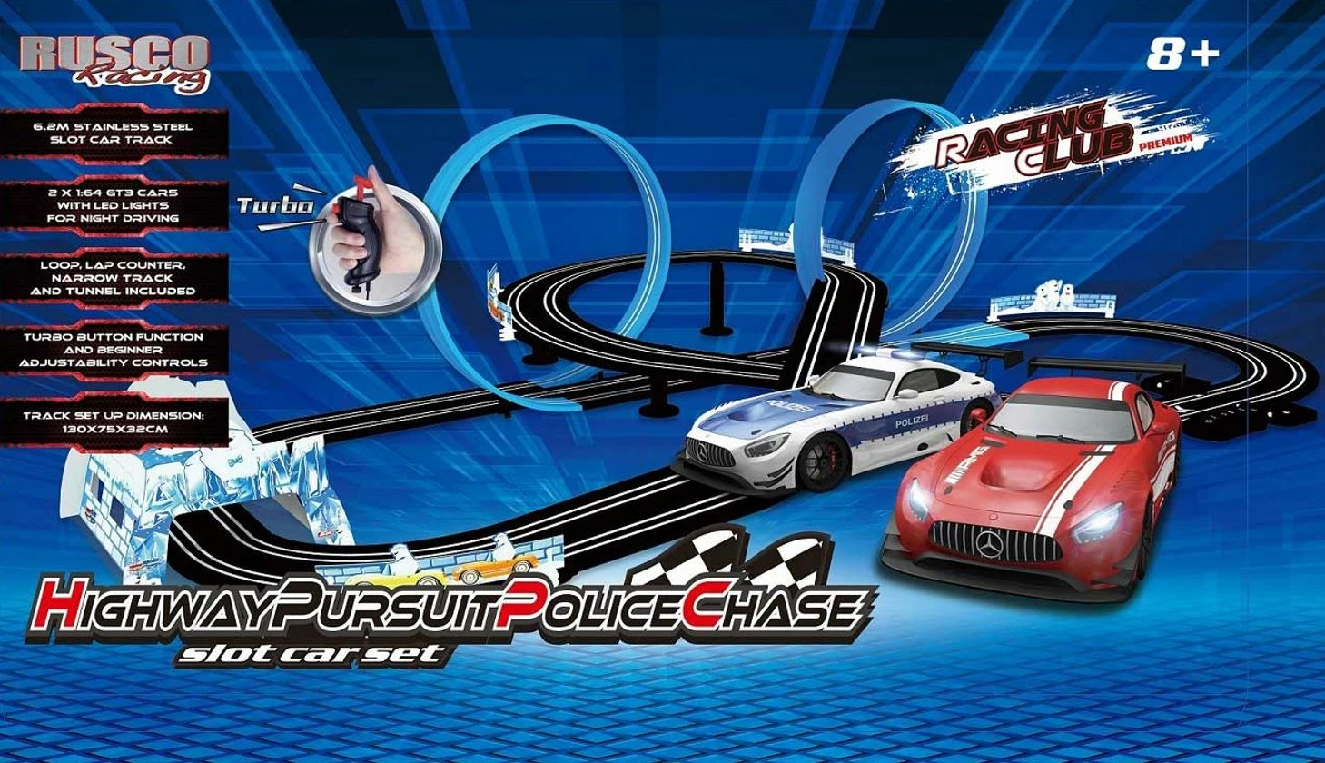 RUSCO RACING HIGHWAY PURSUIT POLICE CHASE SLOT CAR SET 3 RUSCO RACING HIGHWAY PURSUIT POLICE CHASE SLOT CAR SET